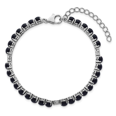 Sterling Silver Rhodium-plated Polished Pavé CZ and Onyx with Extension Bracelet