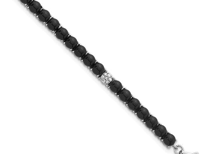 Sterling Silver Rhodium-plated Polished Pave CZ and Onyx 7. with 1. Extension Necklace