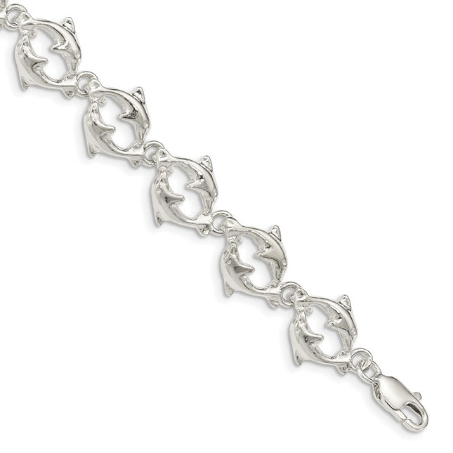 Sterling Silver Dolphins Bracelet, 7 x 13mm