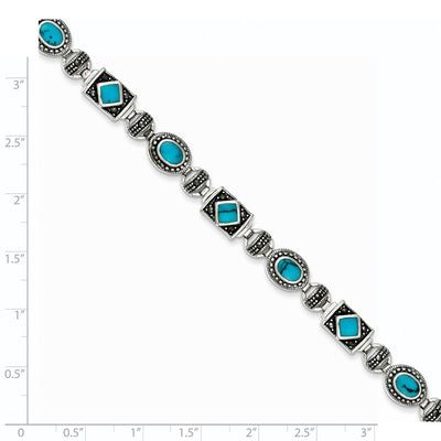 Sterling Silver Rhodium-plated Synth Turquoise and Marcasite Bracelet