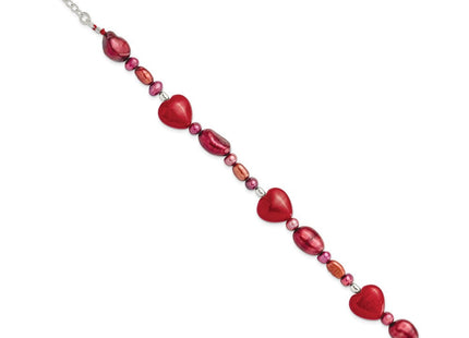 Sterling Silver Red Jade Hearts/FW Cultured Pearl Necklace
