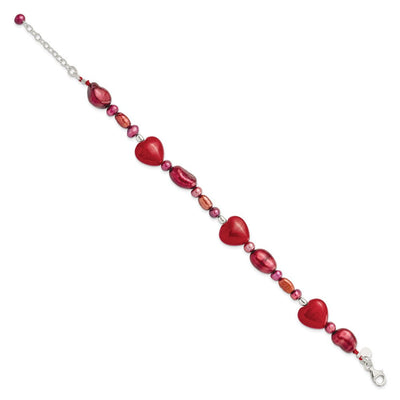 Sterling Silver Red Jade Hearts/FW Cultured Pearl Necklace