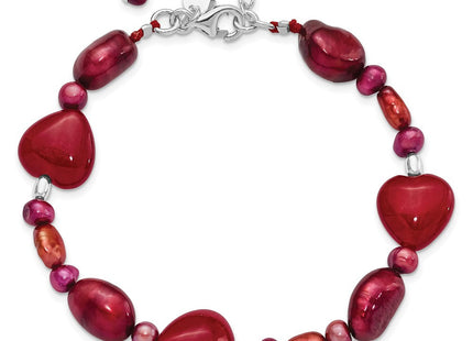 Sterling Silver Red Jade Hearts/FW Cultured Pearl Necklace