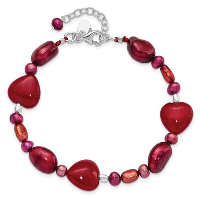 Sterling Silver Red Jade Hearts/FW Cultured Pearl Necklace