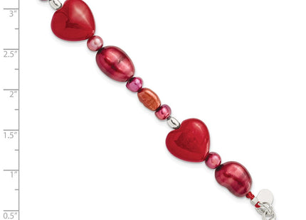 Sterling Silver Red Jade Hearts/FW Cultured Pearl Necklace