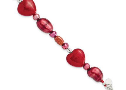 Sterling Silver Red Jade Hearts/FW Cultured Pearl Necklace