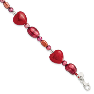 Sterling Silver Red Jade Hearts/FW Cultured Pearl Necklace