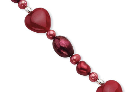 Sterling Silver Red Jade Hearts/FW Cultured Pearl Necklace