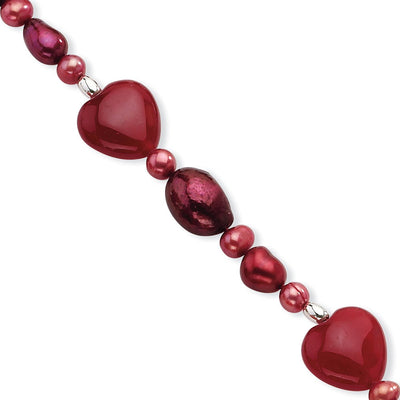 Sterling Silver Red Jade Hearts/FW Cultured Pearl Necklace