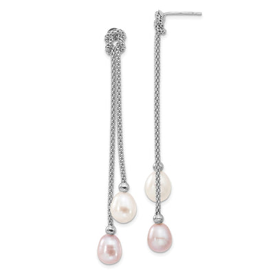 Sterling Silver Rhodium-plated Pink and White Teardrop Freshwater Cultured Pearl Knot Necklace and Post Dangle Earrings Set
