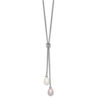 Sterling Silver Rhodium-plated Pink and White Teardrop Freshwater Cultured Pearl Knot Necklace and Post Dangle Earrings Set