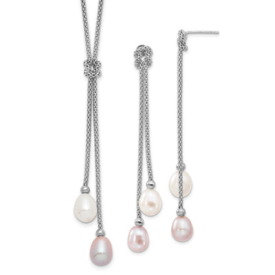 Sterling Silver Rhodium-plated Pink and White Teardrop Freshwater Cultured Pearl Knot Necklace and Post Dangle Earrings Set