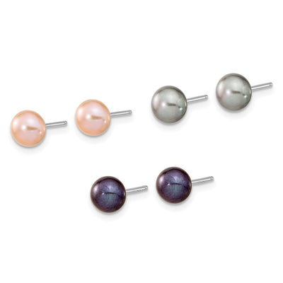 Sterling Silver Rhodium-plated Black, Pink and Gray Semi-Round Freshwater Cultured Pearl Necklace, Bracelet and 3-piece Button Post Earrings Set