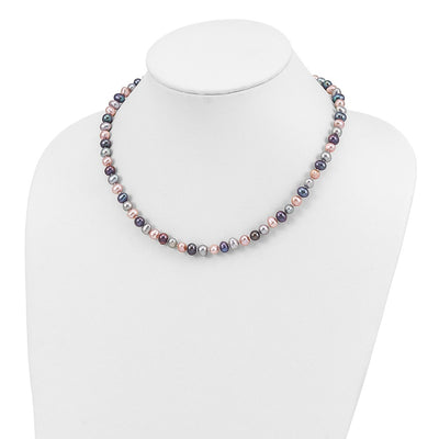 Sterling Silver Rhodium-plated Black, Pink and Gray Semi-Round Freshwater Cultured Pearl Necklace, Bracelet and 3-piece Button Post Earrings Set