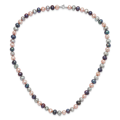 Sterling Silver Rhodium-plated Black, Pink and Gray Semi-Round Freshwater Cultured Pearl Necklace, Bracelet and 3-piece Button Post Earrings Set