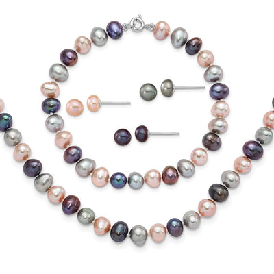 Sterling Silver Rhodium-plated Black, Pink and Gray Semi-Round Freshwater Cultured Pearl Necklace, Bracelet and 3-piece Button Post Earrings Set