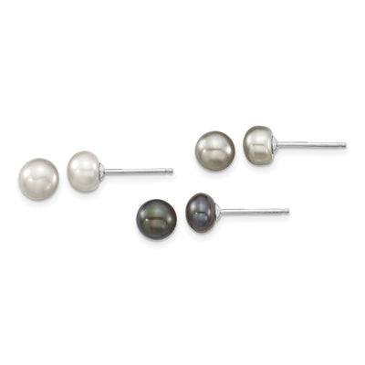 Sterling Silver Rhodium-plated Grey and Black Semi-Round Freshwater Cultured Pearl Necklace and 7.25 Bracelet and 3-piece Button Post Earrings Set