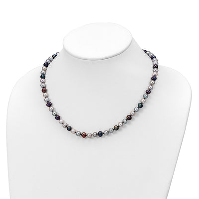 Sterling Silver Rhodium-plated Grey and Black Semi-Round Freshwater Cultured Pearl Necklace and 7.25 Bracelet and 3-piece Button Post Earrings Set