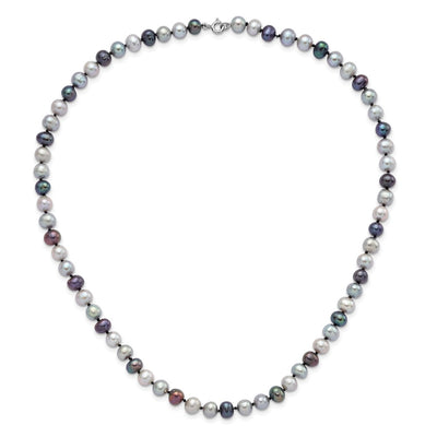 Sterling Silver Rhodium-plated Grey and Black Semi-Round Freshwater Cultured Pearl Necklace and 7.25 Bracelet and 3-piece Button Post Earrings Set
