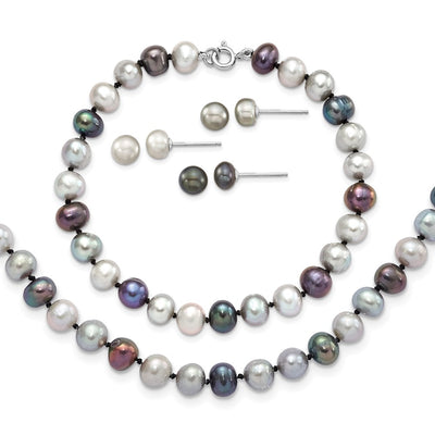 Sterling Silver Rhodium-plated Grey and Black Semi-Round Freshwater Cultured Pearl Necklace and 7.25 Bracelet and 3-piece Button Post Earrings Set