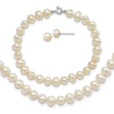 Sterling Silver Rhodium-plated White Semi-Round Freshwater Cultured Pearl Necklace, 7.25 in Bracelet and Button Post Earrings Set