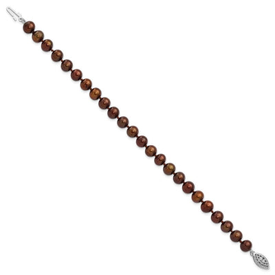 Sterling Silver Rhodium-plated Brown Near-Round Freshwater Cultured Pearl, 16 x 6 to 7mm