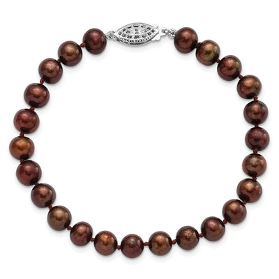 Sterling Silver Rhodium-plated Brown Near-Round Freshwater Cultured Pearl, 16 x 6 to 7mm