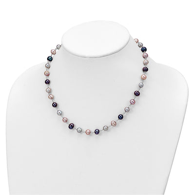 Sterling Silver Rhodium-plated Grey, Pink and Black Semi-Round Freshwater Cultured Pearl Necklace, Bracelet and 3-piece Button Post Earrings Set