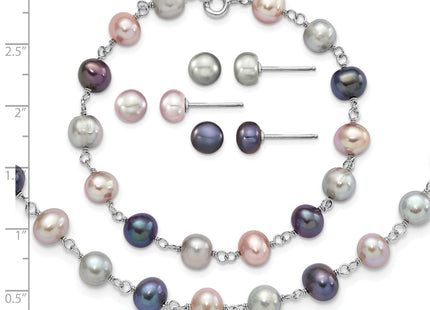 Sterling Silver Rhodium-plated 6- Grey, Pink and Black Semi-Round Freshwater Cultured Pearl Necklace, 7. Bracelet and 3-