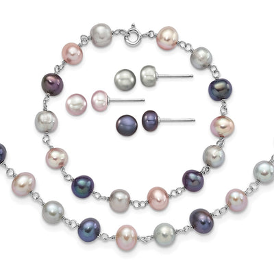 Sterling Silver Rhodium-plated Grey, Pink and Black Semi-Round Freshwater Cultured Pearl Necklace, Bracelet and 3-piece Button Post Earrings Set