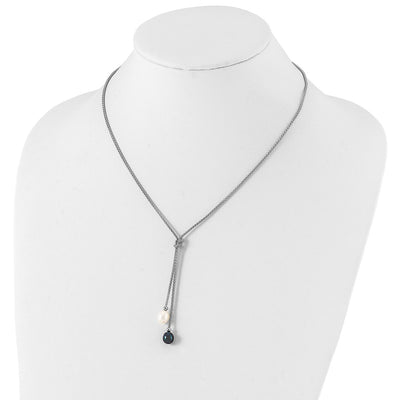 Sterling Silver Rhodium-plated Black and White Teardrop Freshwater Cultured Pearl Knot Necklace and Post Dangle Earrings Set
