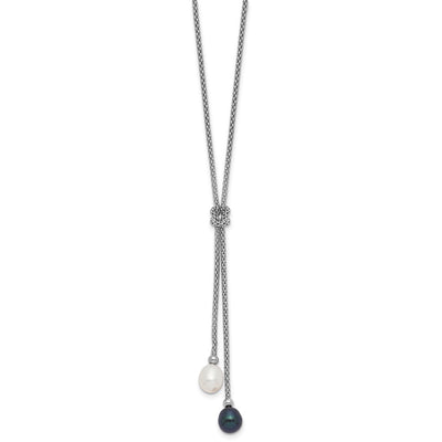 Sterling Silver Rhodium-plated Black and White Teardrop Freshwater Cultured Pearl Knot Necklace and Post Dangle Earrings Set