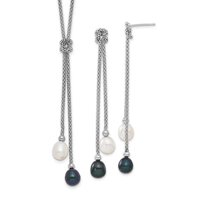 Sterling Silver Rhodium-plated Black and White Teardrop Freshwater Cultured Pearl Knot Necklace and Post Dangle Earrings Set