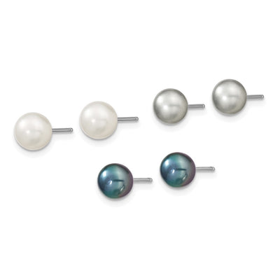 Sterling Silver Rhodium-plated White, Grey and Black Semi-Round Freshwater Cultured Pearl Necklace and Bracelet and 3-piece Button Post Earrings Set