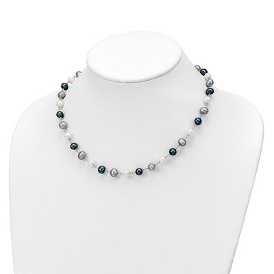 Sterling Silver Rhodium-plated White, Grey and Black Semi-Round Freshwater Cultured Pearl Necklace and Bracelet and 3-piece Button Post Earrings Set