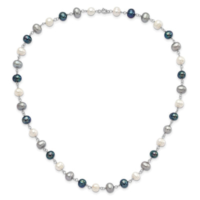 Sterling Silver Rhodium-plated White, Grey and Black Semi-Round Freshwater Cultured Pearl Necklace and Bracelet and 3-piece Button Post Earrings Set
