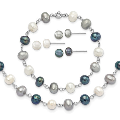 Sterling Silver Rhodium-plated White, Grey and Black Semi-Round Freshwater Cultured Pearl Necklace and Bracelet and 3-piece Button Post Earrings Set