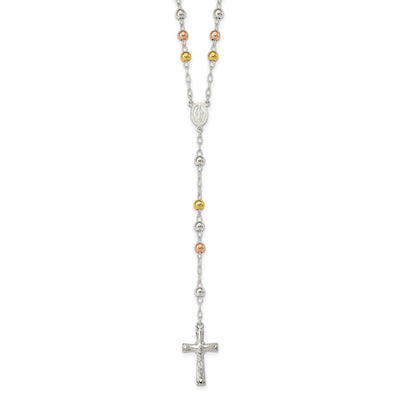 Sterling Silver Polished Rosary Tri-color Beads Necklace