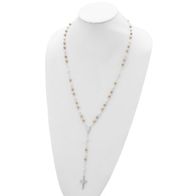 Sterling Silver Tri-color Polished Textured Bead Rosary Necklace