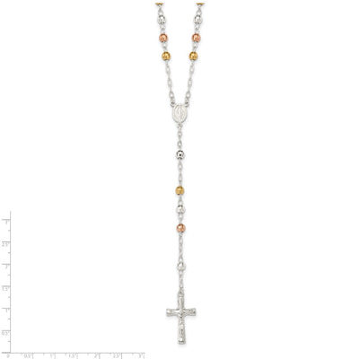 Sterling Silver Tri-color Polished Textured Bead Rosary Necklace