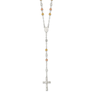 Sterling Silver Tri-color Polished Textured Bead Rosary Necklace