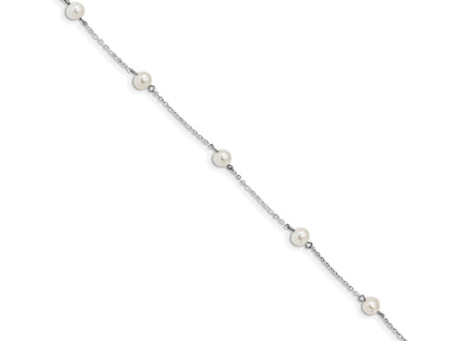 Sterling Silver Rhodium-plated 5- White Round Freshwater Cultured Pearl 5-Station Bracelet