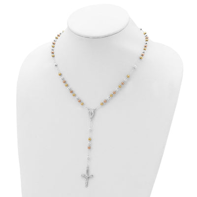 Sterling Silver Polished White Rose and Yellow Bead Rosary Necklace