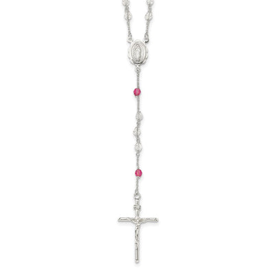 Sterling Silver Polished Crystal Rose Quartz Rosary Necklace