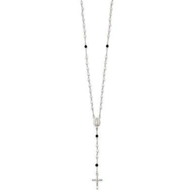 Sterling Silver Polished and Black Crystal Bead Rosary Necklace