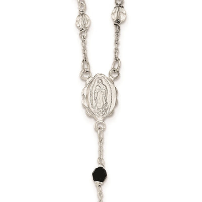 Sterling Silver Polished and Black Crystal Bead Rosary Necklace