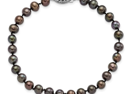 Sterling Silver Rhodium-plated 5- Black Near-Round Freshwater Cultured Pearl