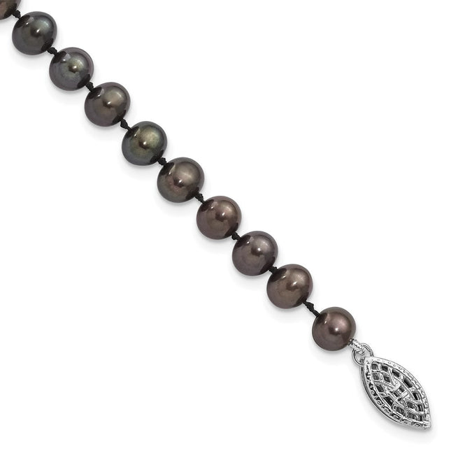 Sterling Silver Rhodium-plated 5- Black Near-Round Freshwater Cultured Pearl, 16 x 5 to 6mm
