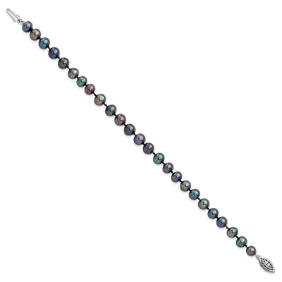 Sterling Silver Rhodium-plated Black Near-Round Freshwater Cultured Pearl, 16 x 6 to 7mm