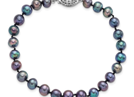 Sterling Silver Rhodium-plated 6- Black Near-Round Freshwater Cultured Pearl